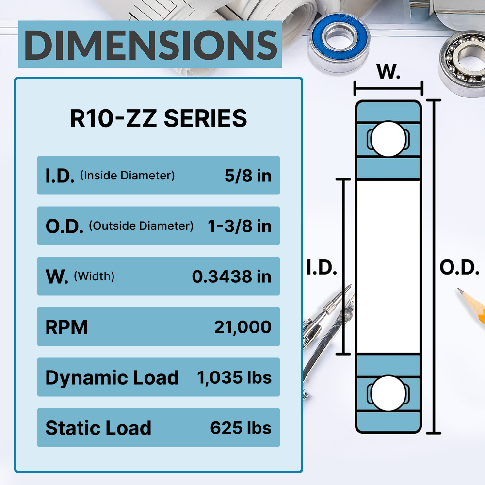 R10-ZZ Ball Bearing - C3 Clearance - 5/8"x1-3/8"x0.3438"