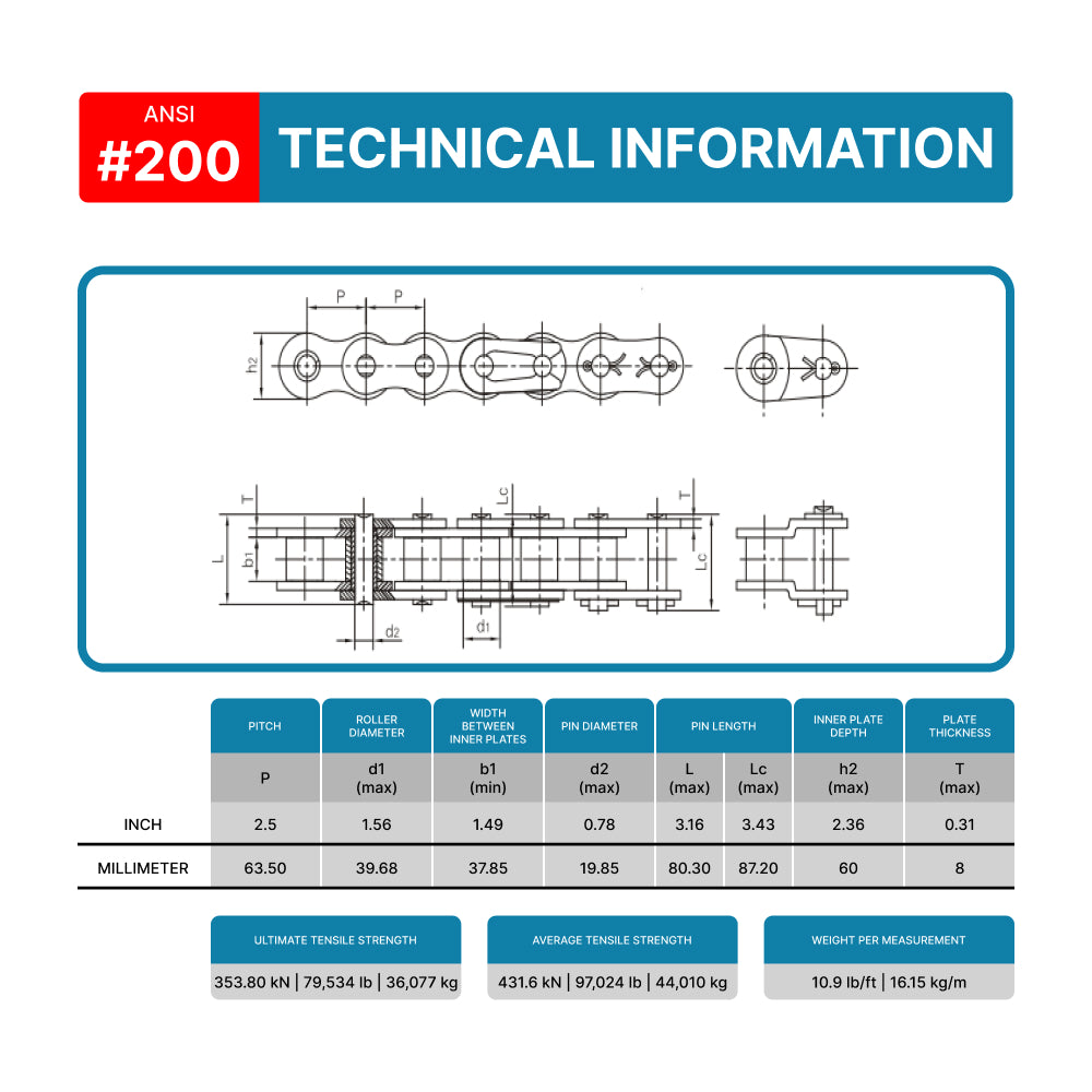 #200 Roller Chain x 10 feet + 2 Free Connecting Links