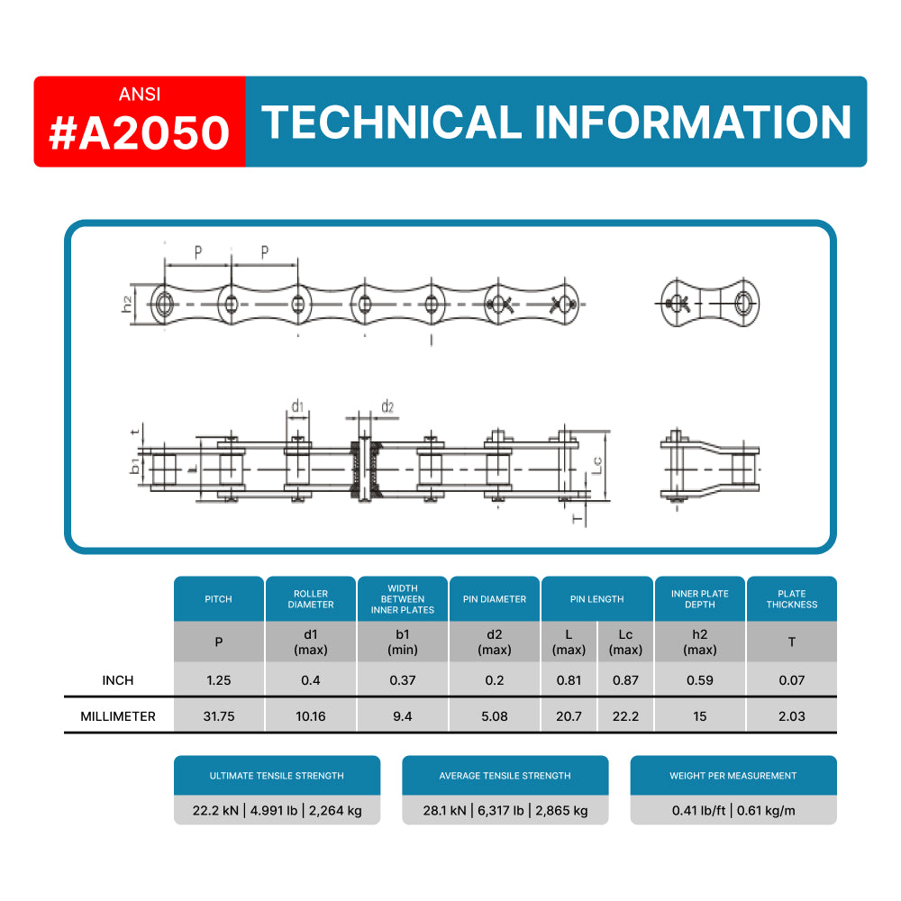 #A2050 Conveyor Roller Chain x 10 Feet + 2 Connecting Link