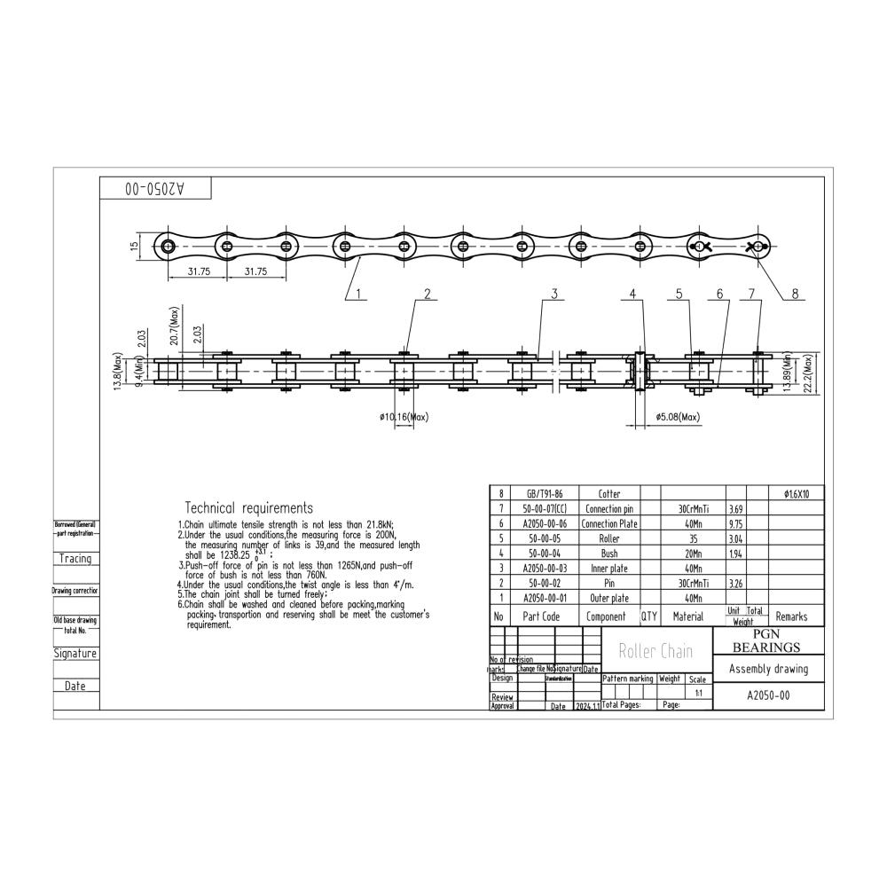 A2050 Conveyor Roller Chain x 100 Feet + 10 Connecting Links