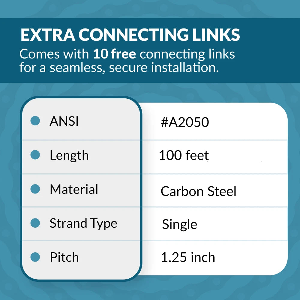A2050 Conveyor Roller Chain x 100 Feet + 10 Connecting Links