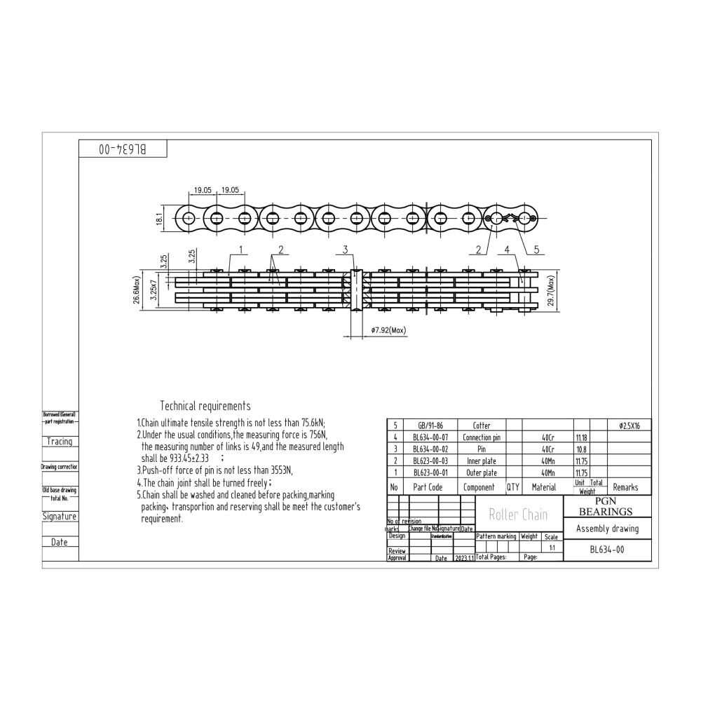 BL634 Leaf Chain x 10 Feet for Forklift Masts and Hoisting + 2 Connecting Links