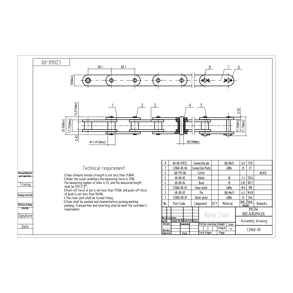 C2060 Conveyor Roller Chain x 10 Feet + 2 Connecting Links