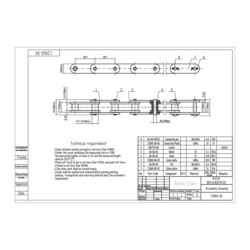 C2060 Conveyor Roller Chain x 10 Feet + 2 Connecting Links