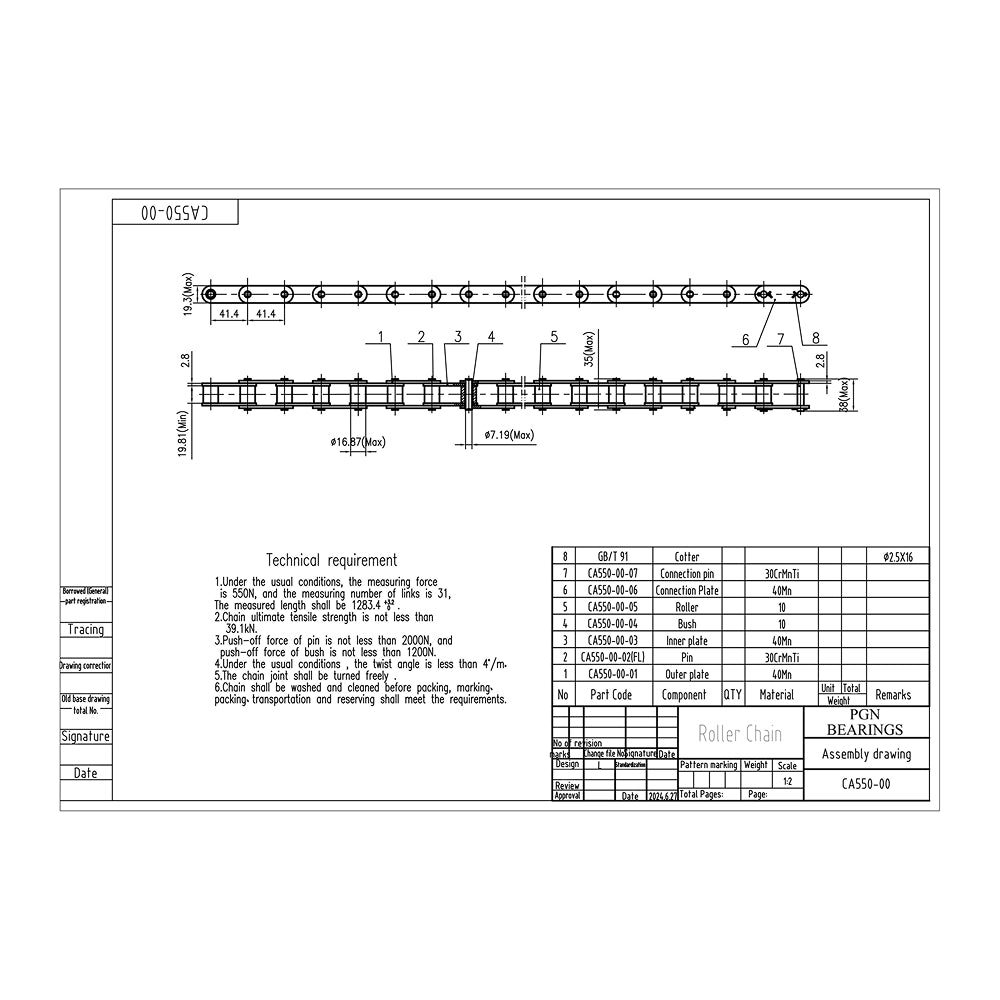 CA550 Agricultural Conveyor Roller Chain x 10 FT + 2 Connecting Links