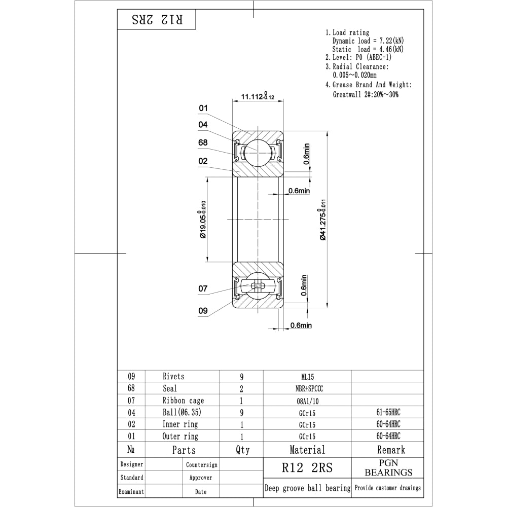 R12-2RS Ball Bearing - C3 Clearance - 3/4"x1-5/8"x7/16"