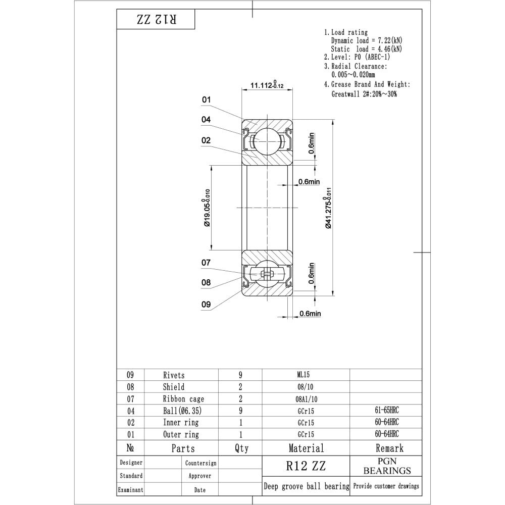 R12-ZZ Ball Bearing - C3 Clearance - 3/4"x1-5/8"x7/16"