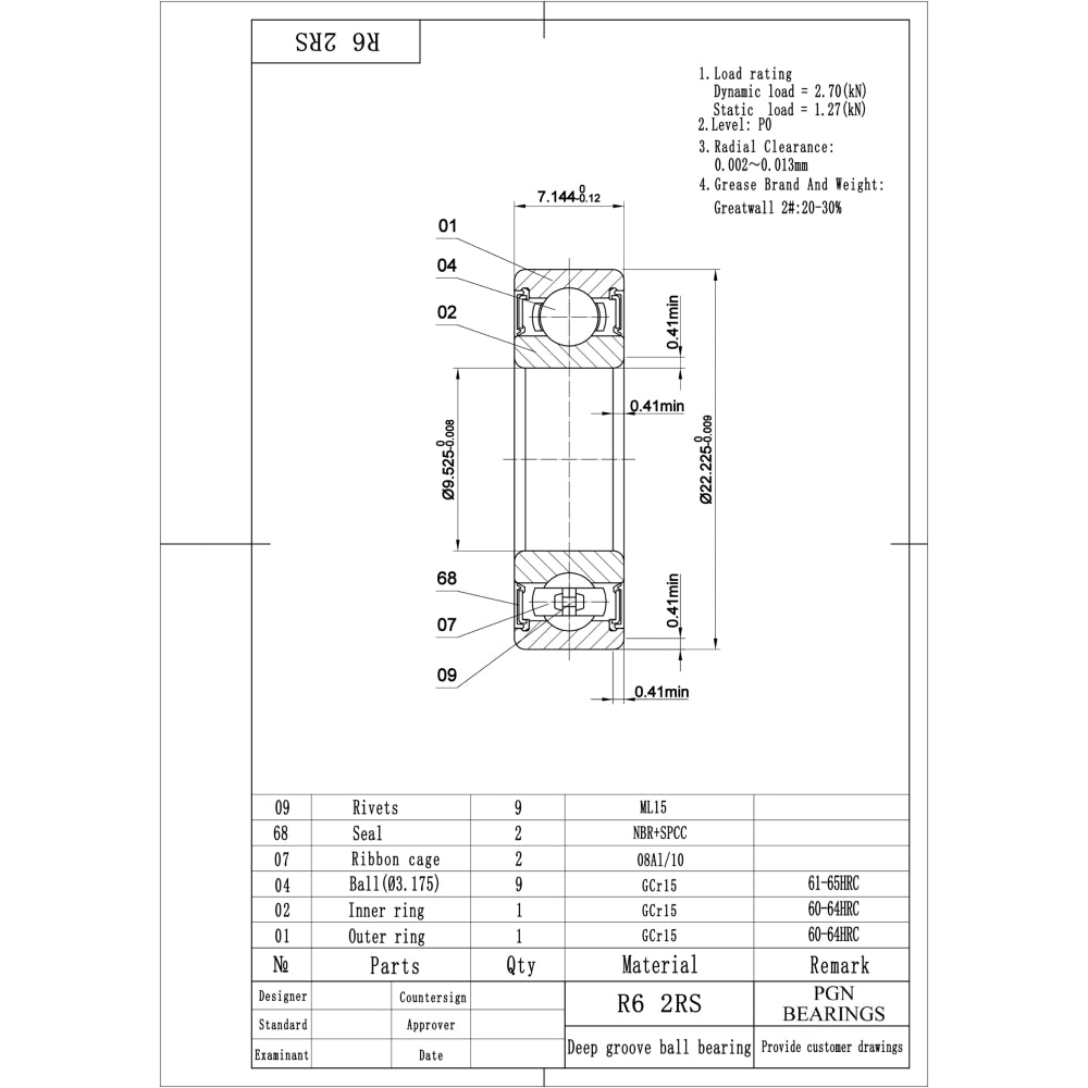 R6-2RS Ball Bearing - C3 Clearance - 3/8"x7/8"x9/32"