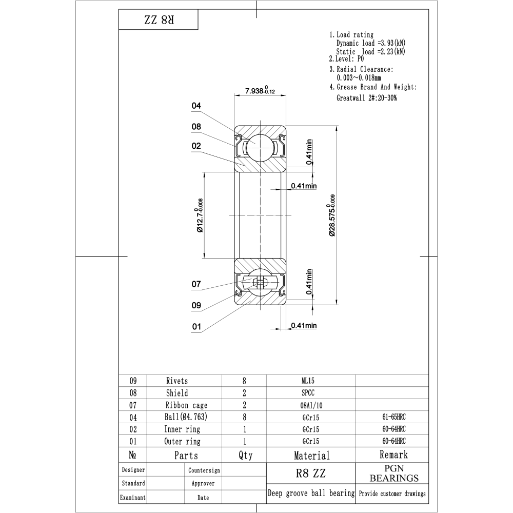 R8-ZZ Ball Bearing - 1/2"x1-1/8"x5/16"