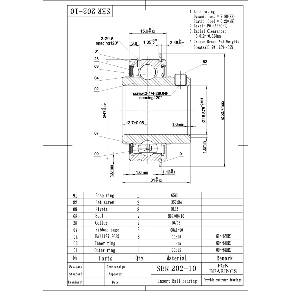 SER202-10 - 5/8" Bore - Insert Ball Bearing With Snap Ring and Set Screws - ER10 ER-10 ER202-10