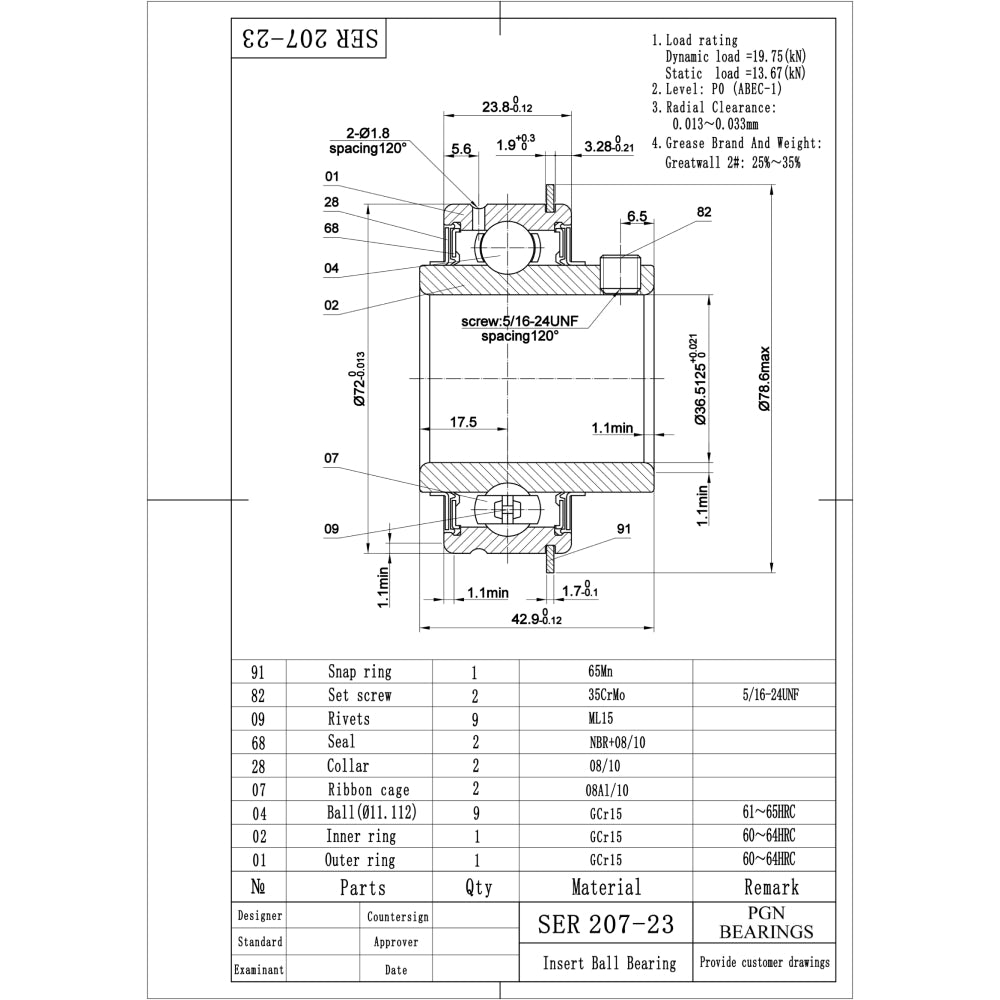 SER207-23 - 1-7/16" Bore - Insert Ball Bearing With Snap Ring and Set Screws - ER23 ER-23 ER207-23