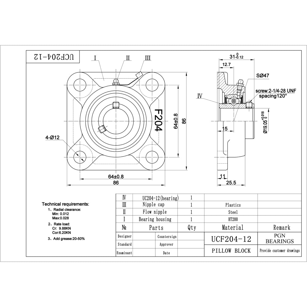 UCF204-12 Pillow Block Square Flange Mounted Bearing 3/4" Bore