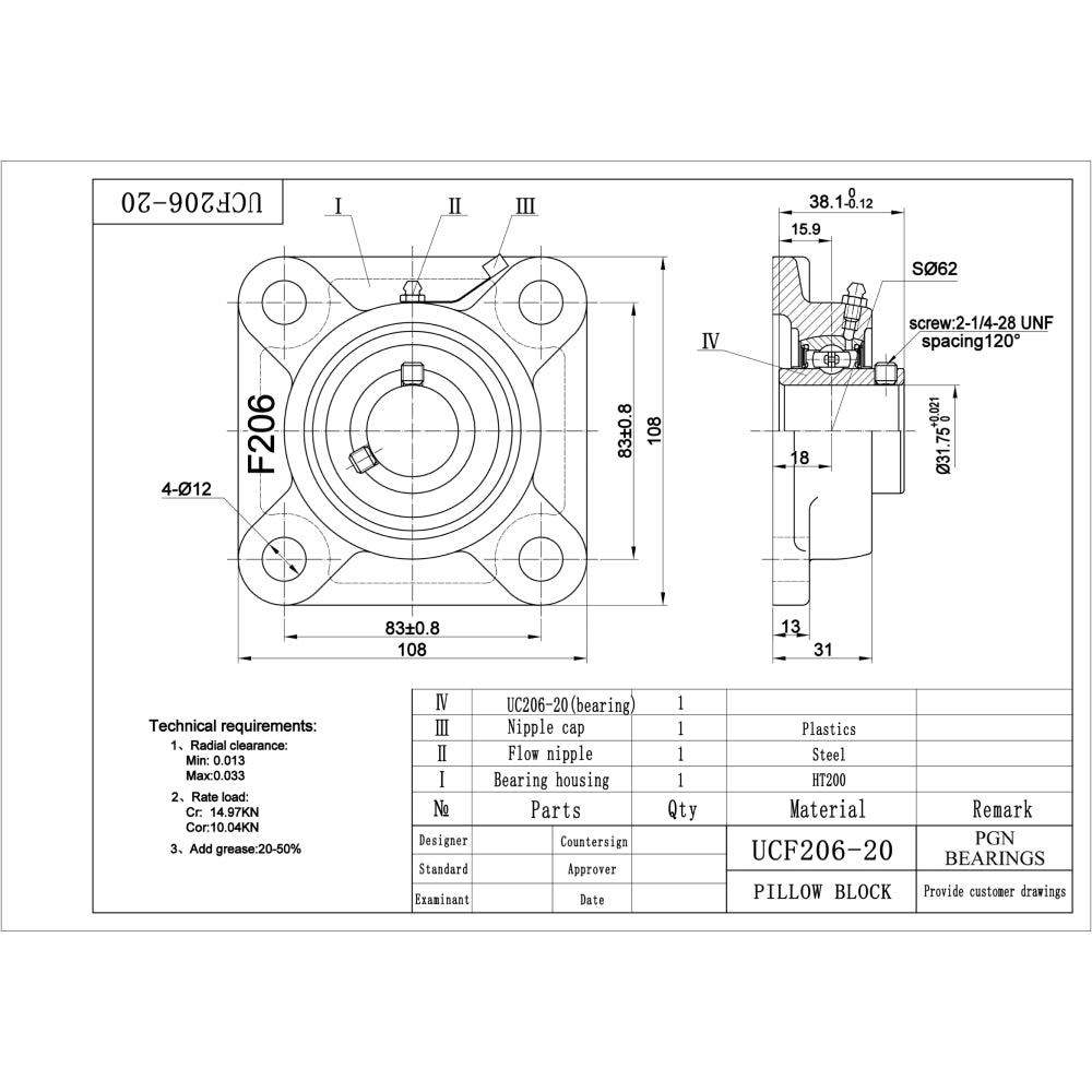 UCF206-20 Pillow Block Square Flange Mounted Bearing 1-1/4" Bore