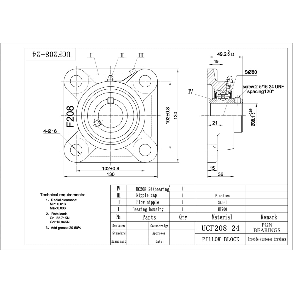 UCF208-24 Pillow Block Square Flange Mounted Bearing 1-1/2" Bore