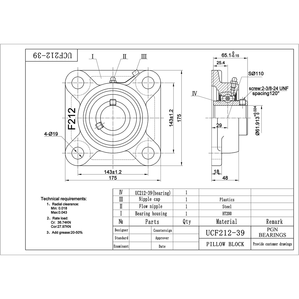 UCF212-39 PILLOW BLOCK SQUARE FLANGE MOUNTED BEARING 2-7/16" BORE