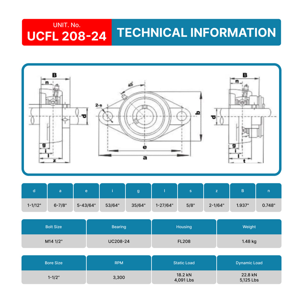 UCFL208-24 Pillow Block Flange Mounted Bearing 1-1/2" Inch Bore