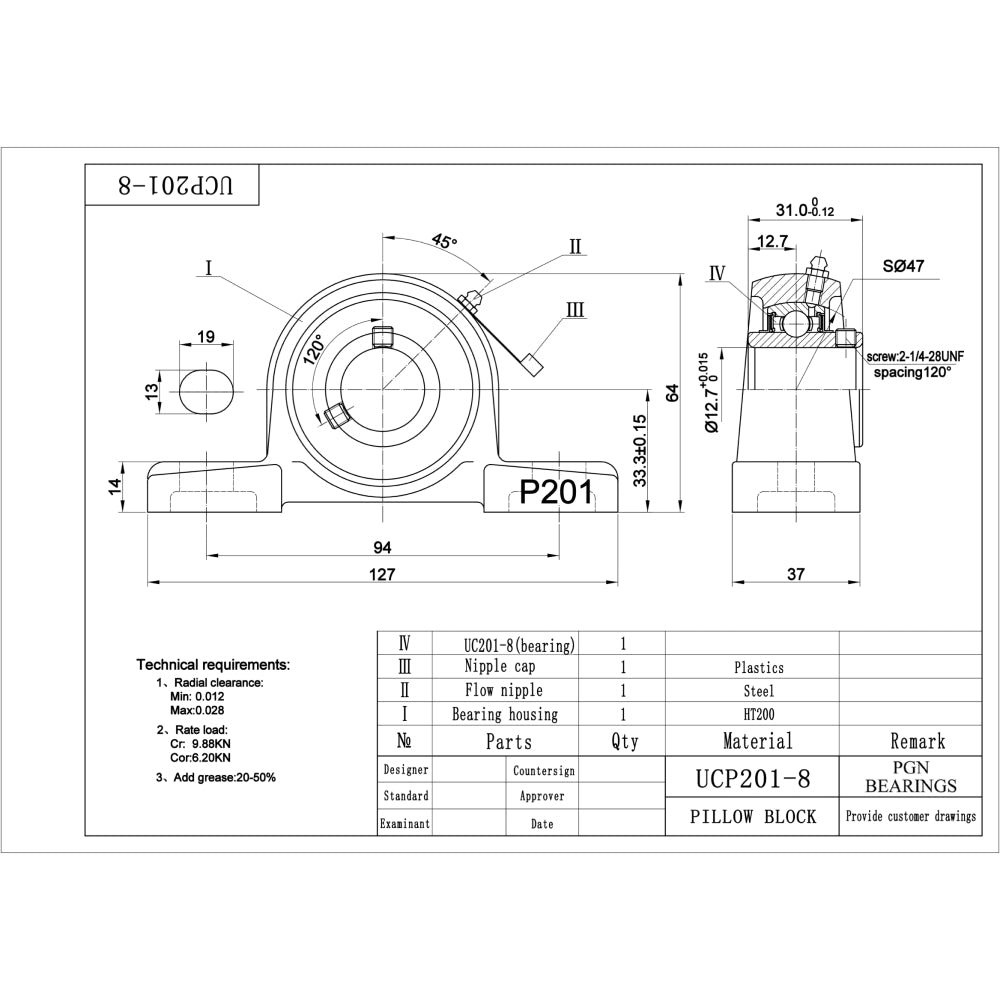 UCP201-8 Pillow Block Ball Bearing - 1/2" Bore